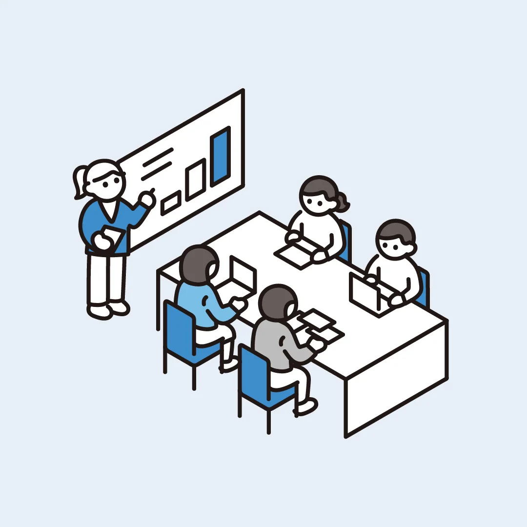 会議で引き継ぎを話し合う人たちのイラスト